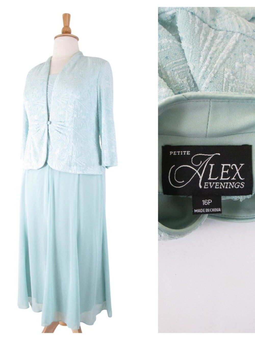 Alex Evenings Plus Size Petite Light Aqua Blue Sparkle Formal Dress Set Suit 16P